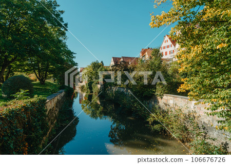 Old national German town house in Bietigheim-Bissingen, Baden-Wuerttemberg, Germany, Europe. Old Town is full of colorful and well preserved buildings. 106676726
