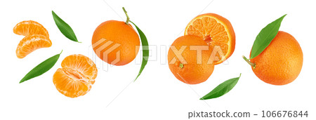 Tangerine or clementine with green leaf isolated on white background with full depth of field. Top view. Flat lay 106676844