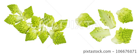 Romanesco broccoli cabbage or Roman Cauliflower isolated on white background . Top view. Flat lay 106676871