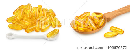 Fish oil capsules isolated on white background with full depth of field 106676872