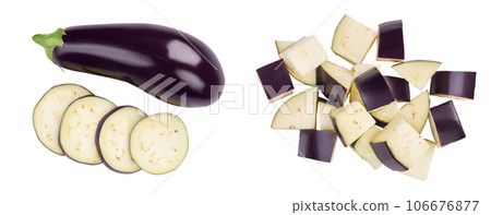 Eggplant or aubergine with slices isolated on white background. and full depth of field. top, view, flat lay 106676877