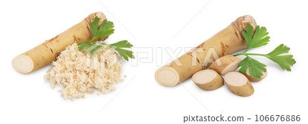 Horseradish root with slices grated pile and parsley isolated on white background 106676886