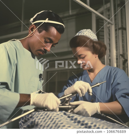 Diverse couple of doctors make surgery - retro style photo 106676889