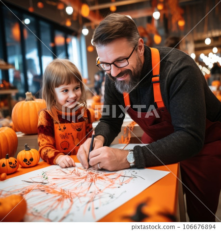 Halloween preparation with dad - daughter and dad drawing Halloween preparation with dad - daughter and dad drawing 106676894
