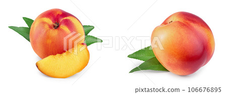 Nectarine fruit and half with leaf isolated on white background cutout Nectarine fruit and half with leaf isolated on white background cutout 106676895