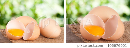 Broken egg with yolk and eggshell On a wooden table with a blurry garden background Broken egg with yolk and eggshell On a wooden table with a blurry garden background 106676901
