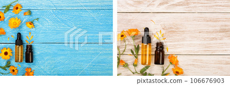 aromatherapy essential oil with marigold flowers on blue background with copy space for your text. Top view aromatherapy essential oil with marigold flowers on blue background with copy space for your text. Top view 106676903