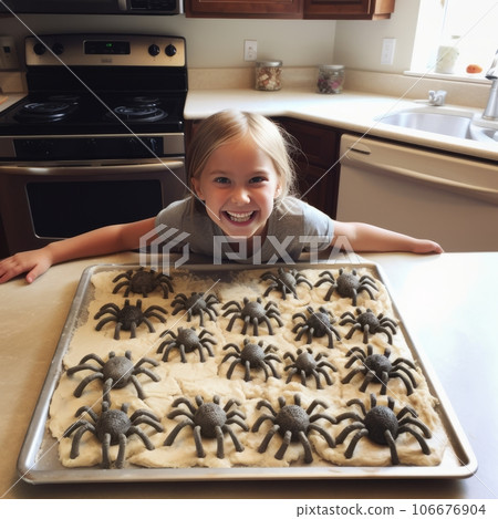 From above of positive little girl in casual clothes smiling and looking at camera while sitting at table in kitchen From above of positive little girl in casual clothes smiling and looking at camera while sitting at table in kitchen 106676904