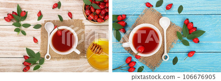 tea with rose hips and honey on white wooden background. Top view 106676905