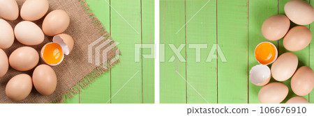 eggs in a tray on a green wooden background with copy space for your text. Top view 106676910