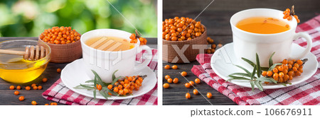 Tea of sea-buckthorn berries with honey on wooden table blurred garden background 106676911