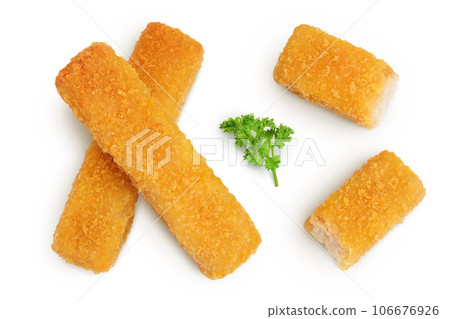 Fish finger or stick with parsley isolated on white background. Top view. Flat lay. Fish finger or stick with parsley isolated on white background. Top view. Flat lay. 106676926