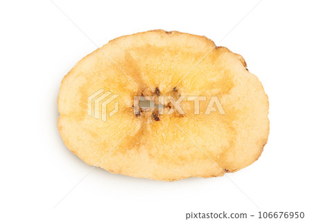 Dried banana chips isolated on white background with full depth of field. Top view. Flat lay Dried banana chips isolated on white background with full depth of field. Top view. Flat lay 106676950