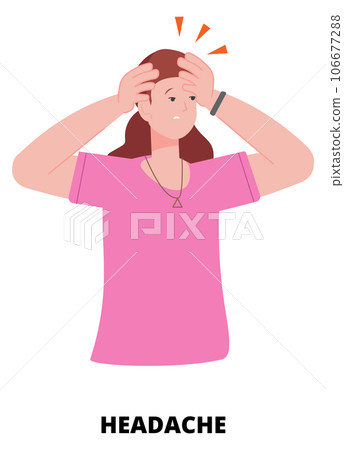 Headache medical illustration. Woman with migraine. Head pain Headache medical illustration. Woman with migraine. Head pain 106677288