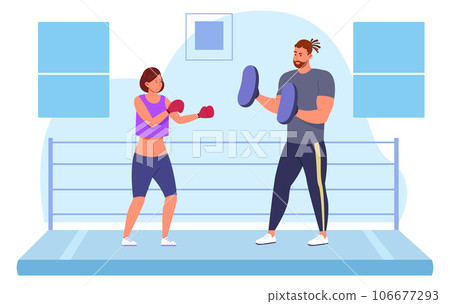 Martial arts training. Man couching woman to fight Martial arts training. Man couching woman to fight 106677293