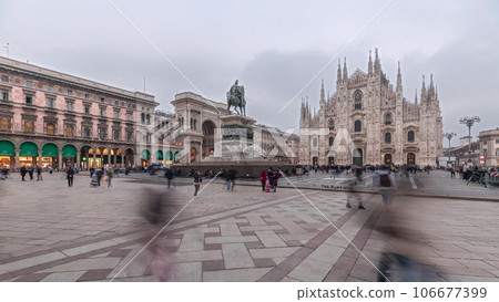 Panorama showing Milan Cathedral and Vittorio Emanuele gallery day to night timelapse. Panorama showing Milan Cathedral and Vittorio Emanuele gallery day to night timelapse. 106677399