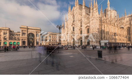 Panorama showing Milan Cathedral and Vittorio Emanuele gallery timelapse. Panorama showing Milan Cathedral and Vittorio Emanuele gallery timelapse. 106677404