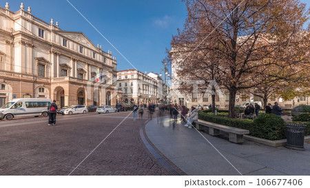 Panorama showing theater La Scala timelapse and a monument to Leonardo da Vinci Panorama showing theater La Scala timelapse and a monument to Leonardo da Vinci 106677406