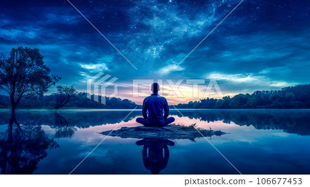 man meditating in the lotus position by the lake in nature at sunset man meditating in the lotus position by the lake in nature at sunset 106677453
