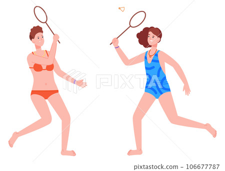 Women in swimsuits playing badminton. Summer beach game 106677787