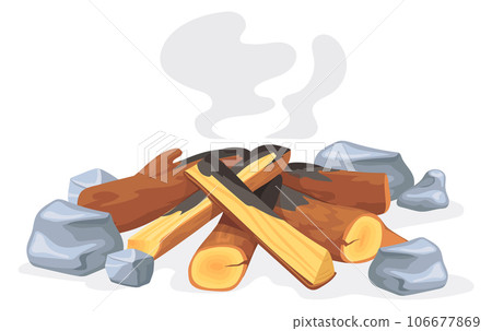 Smoking cartoon bonfire. Dry firewood slightly burning 106677869