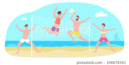 Happy people play volleyball. Young joyful men and women Happy people play volleyball. Young joyful men and women 106678381