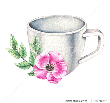 Watercolor cup with rosehip flowers isolated Watercolor cup with rosehip flowers isolated 106678936