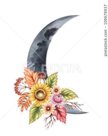 Watercolor moon with autumn bouquets isolated Watercolor moon with autumn bouquets isolated 106678937
