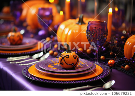 Halloween festive table setting with autumnal decor for party. Purple and orange colors. Holidays, catering and celebration concept 106679221