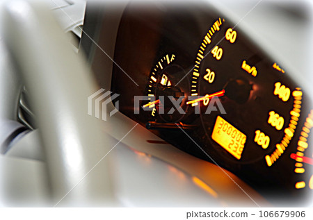 The fuel gauge needle is pointing near the E mark when the gasoline is about to run out (illustration style) 106679906