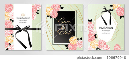 Wedding illustration, celebration invitation and celebration card set designed with roses and ribbons 106679948