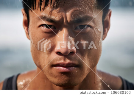 Young male professional muscular swimmer, man swimming front view, closeup water splash portrait 106680103