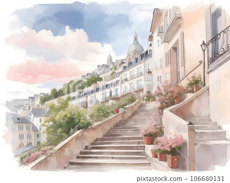 水彩背景_世界旅行_法國_蒙馬特_03 水彩背景_世界旅行_法國_蒙馬特_03 106680131