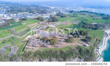 "Sakura" Hara Castle ruins aerial view 106680256