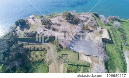 "Sakura" Hara Castle ruins aerial view 106680257