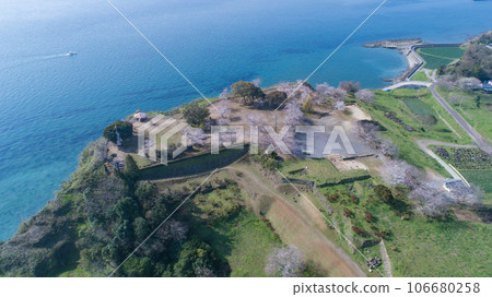 "Sakura" Hara Castle ruins aerial view 106680258