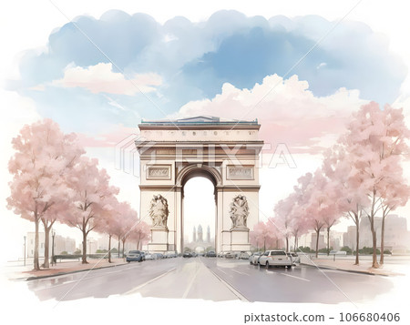 水彩背景_環球旅行_法國_凱旋門_03 106680406