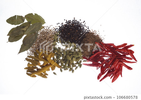 A collection of spices on a white background / A collection of curry spices and spices on a white background A collection of spices on a white background / A collection of curry spices and spices on a white background 106680578