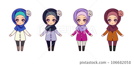 Anime-style deformed full-body illustration set of Muslim girl characters Anime-style deformed full-body illustration set of Muslim girl characters 106682058