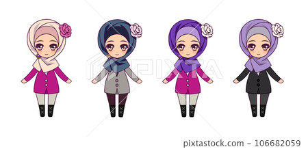Anime-style deformed full-body illustration set of Muslim girl characters Anime-style deformed full-body illustration set of Muslim girl characters 106682059