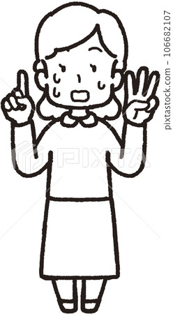 一幅全身線條畫插圖，描繪了一位滿頭大汗、驚慌失措的女人，左手有 3 個手指，右手有 1 個手指，做了 13 個手勢。 106682107