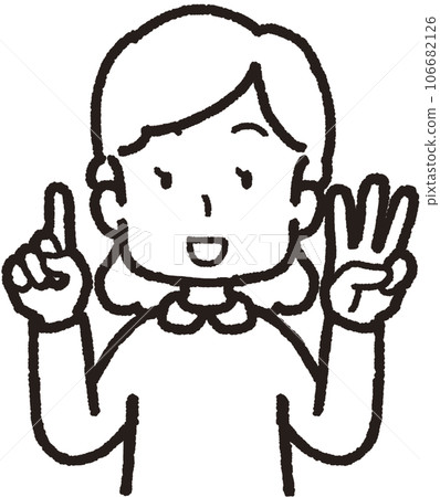 一位微笑的女士用左手 3 個手指、右手 1 個手指做出 13 個手勢的上半身插圖 106682126