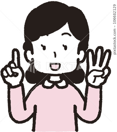 Upper body illustration of a smiling woman making 13 hand signs with three fingers on her left hand and one finger on her right hand 106682129
