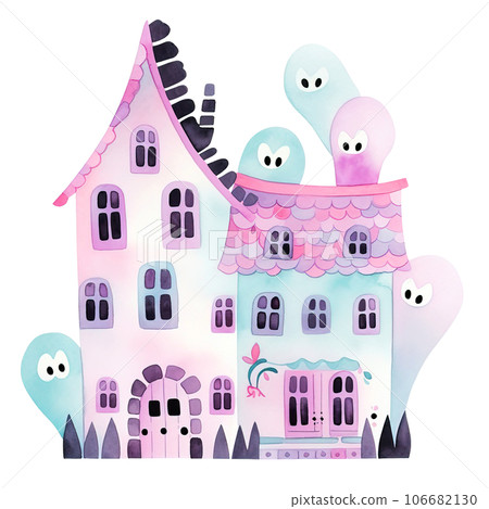 Cute baby halloween haunted house with playful ghosts clipart designs isolated on Transparent Background. Nursery Halloween Clipart. 106682130