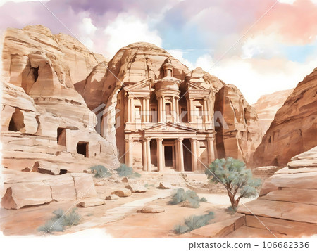 Watercolor background_World travel_Jordan_Ancient ruins_01 106682336