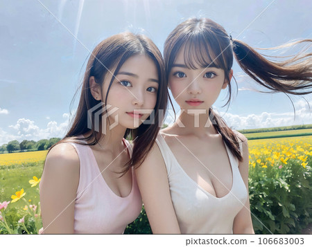 AI 圖像:兩個年輕女子在蔚藍的天空中看著對方,波斯菊盛開 AI 圖像:兩個年輕女子在蔚藍的天空中看著對方,波斯菊盛開 106683003