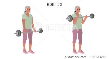 Senior woman doing barbell curl exercise 106683286