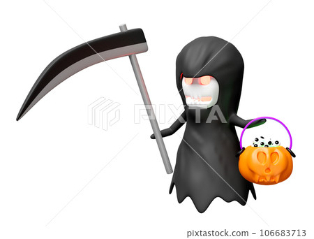 3d halloween holiday party with grim reaper hand holding scythe, magic cauldron pumpkin, eye isolated. 3d render illustration 3d halloween holiday party with grim reaper hand holding scythe, magic cauldron pumpkin, eye isolated. 3d render illustration 106683713