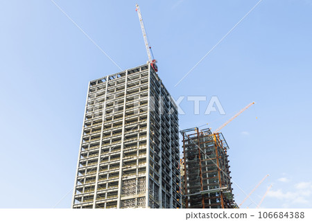 Close-up of steel structure silhouette background for building construction in Taiwan. Close-up of steel structure silhouette background for building construction in Taiwan. 106684388