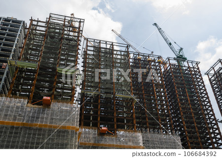 Close-up of steel structure silhouette background for building construction in Taiwan. Close-up of steel structure silhouette background for building construction in Taiwan. 106684392